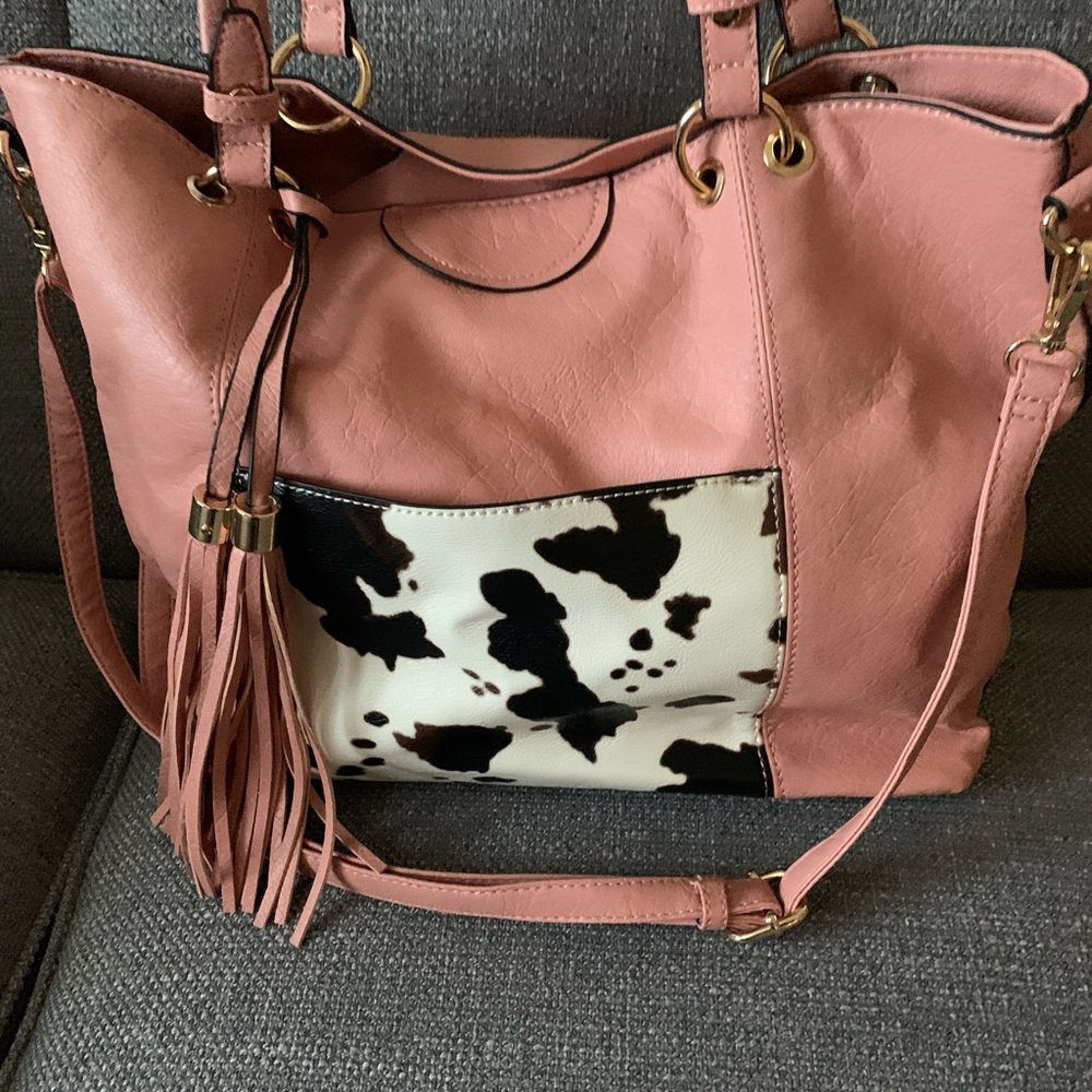 Stylish Dusty Rose Tote with Cow Print Accent